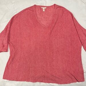 Eileen Fisher 100% Linen Rose Pink V-Neck Tunic Sweater Size Small -Fixable Flaw